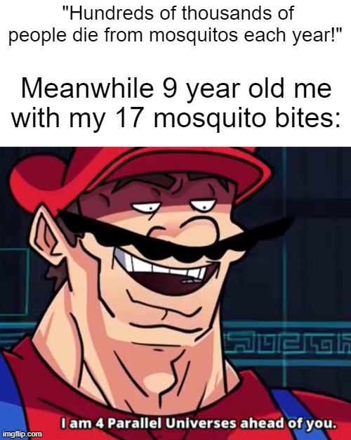 It's not the bite, but the diseases that come with it. It's the season after all. | "Hundreds of thousands of people die from mosquitos each year!"; Meanwhile 9 year old me with my 17 mosquito bites: | image tagged in mario,relatable,relatable memes,childhood,nostalgia,summer | made w/ Imgflip meme maker