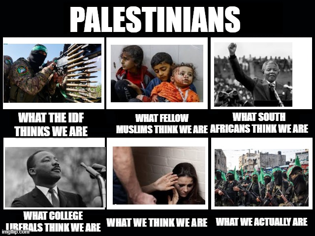 Palestinians | PALESTINIANS; WHAT FELLOW MUSLIMS THINK WE ARE; WHAT SOUTH AFRICANS THINK WE ARE; WHAT THE IDF THINKS WE ARE; WHAT WE ACTUALLY ARE; WHAT COLLEGE LIBERALS THINK WE ARE; WHAT WE THINK WE ARE | image tagged in what my friends think i do | made w/ Imgflip meme maker