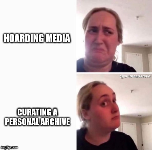 100% not hoarding, just conservation | HOARDING MEDIA; CURATING A PERSONAL ARCHIVE | image tagged in reconsider woman blank | made w/ Imgflip meme maker