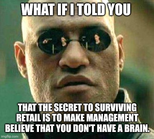 All shopping carts, no people. | WHAT IF I TOLD YOU; THAT THE SECRET TO SURVIVING RETAIL IS TO MAKE MANAGEMENT BELIEVE THAT YOU DON'T HAVE A BRAIN. | image tagged in what if i told you | made w/ Imgflip meme maker