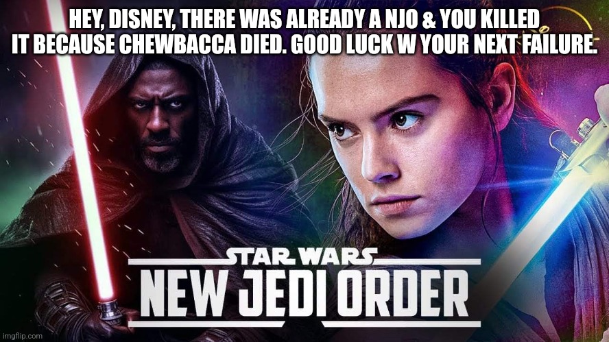 New Jedi Order | HEY, DISNEY, THERE WAS ALREADY A NJO & YOU KILLED IT BECAUSE CHEWBACCA DIED. GOOD LUCK W YOUR NEXT FAILURE. | image tagged in star wars,jedi,star wars no | made w/ Imgflip meme maker