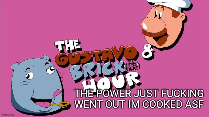 the gustavo and brick hour | THE POWER JUST FUCKING WENT OUT IM COOKED ASF | image tagged in the gustavo and brick hour | made w/ Imgflip meme maker