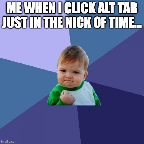 Success Kid | ME WHEN I CLICK ALT TAB JUST IN THE NICK OF TIME... | image tagged in memes,success kid | made w/ Imgflip meme maker