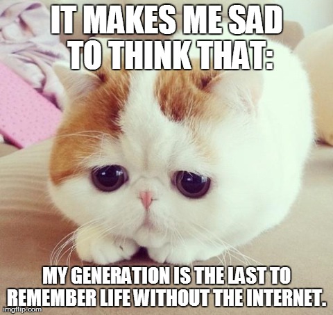 Sad Cat | IT MAKES ME SAD TO THINK THAT: MY GENERATION IS THE LAST TO REMEMBER LIFE WITHOUT THE INTERNET. | image tagged in sad cat | made w/ Imgflip meme maker