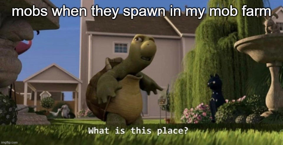 *falls down long chute* | mobs when they spawn in my mob farm | image tagged in what is this place | made w/ Imgflip meme maker
