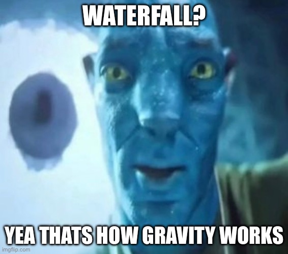 Here goes nothing | WATERFALL? YEA THATS HOW GRAVITY WORKS | image tagged in avatar guy,fun | made w/ Imgflip meme maker