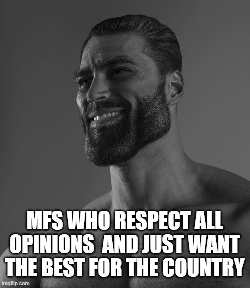 if everyone in this country was kind, imagine | MFS WHO RESPECT ALL OPINIONS  AND JUST WANT THE BEST FOR THE COUNTRY | image tagged in giga chad | made w/ Imgflip meme maker