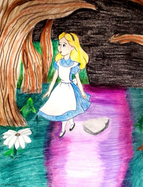 Alice in Wonderland drawing | image tagged in drawing,art,alice in wonderland,disney,cartoon,trippy | made w/ Imgflip meme maker