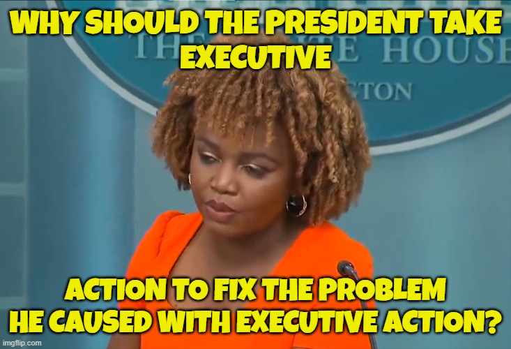 An executive order to fix his executive order | WHY SHOULD THE PRESIDENT TAKE
EXECUTIVE; ACTION TO FIX THE PROBLEM HE CAUSED WITH EXECUTIVE ACTION? | image tagged in press secretary,secure the border,open borders,fjb,maga,make america great again | made w/ Imgflip meme maker