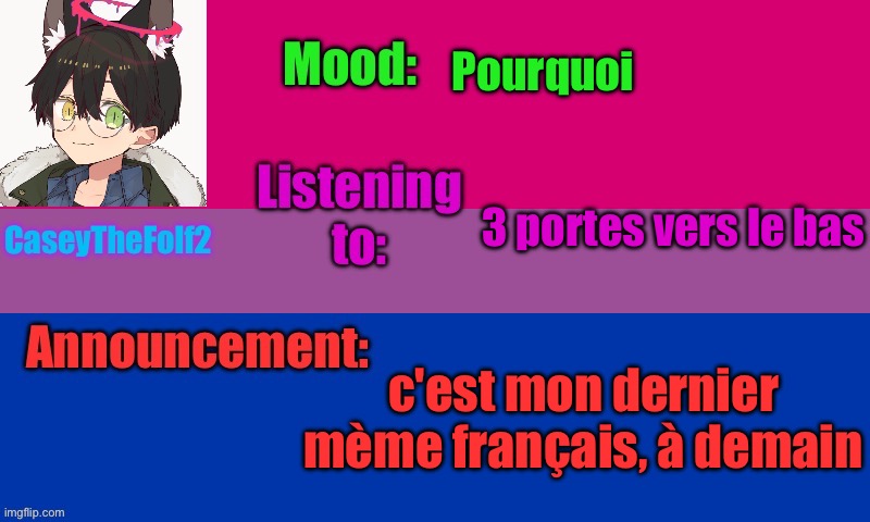 … | Pourquoi; 3 portes vers le bas; c'est mon dernier mème français, à demain | image tagged in caseythefolf2 temp v2 | made w/ Imgflip meme maker