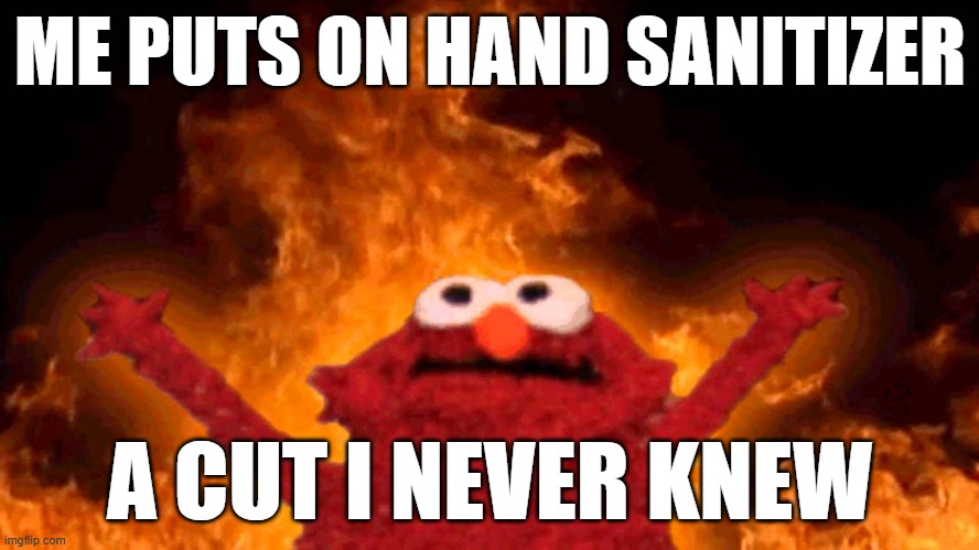 Relatable? | ME PUTS ON HAND SANITIZER; A CUT I NEVER KNEW | image tagged in elmo fire | made w/ Imgflip meme maker