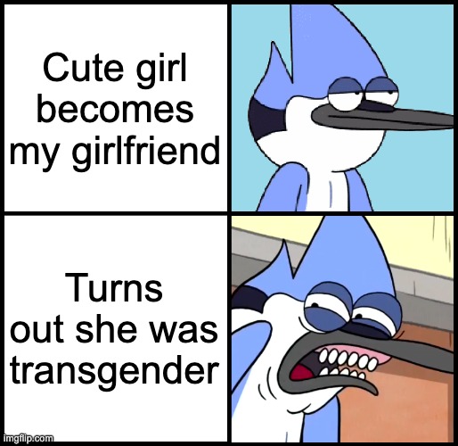 Yuck | Cute girl becomes my girlfriend; Turns out she was transgender | image tagged in mordecai disgusted | made w/ Imgflip meme maker