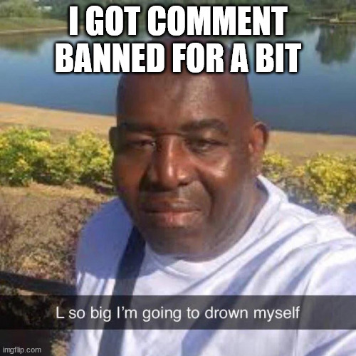 aw man | I GOT COMMENT BANNED FOR A BIT | image tagged in l so big im going to drown myself | made w/ Imgflip meme maker