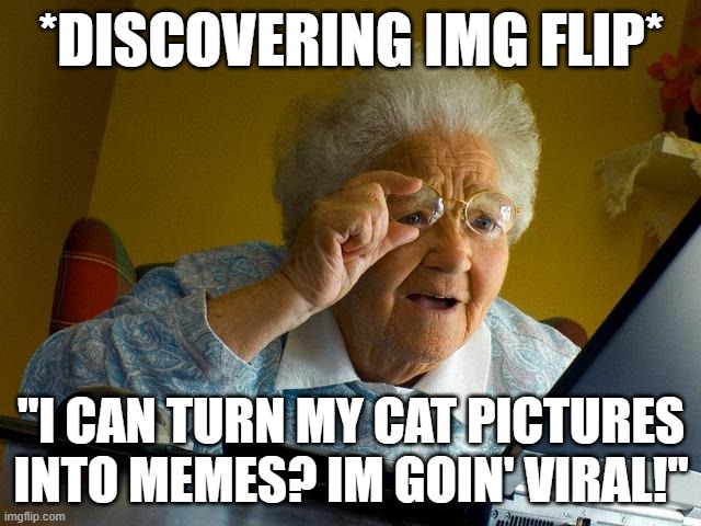 please make viral | *DISCOVERING IMG FLIP*; "I CAN TURN MY CAT PICTURES INTO MEMES? IM GOIN' VIRAL!" | image tagged in memes,grandma finds the internet,viral,viral meme,funny,imgflip | made w/ Imgflip meme maker