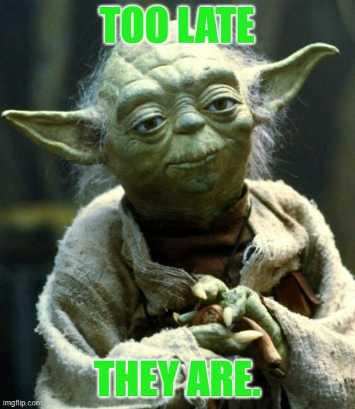 Star Wars Yoda Meme | TOO LATE THEY ARE. | image tagged in memes,star wars yoda | made w/ Imgflip meme maker