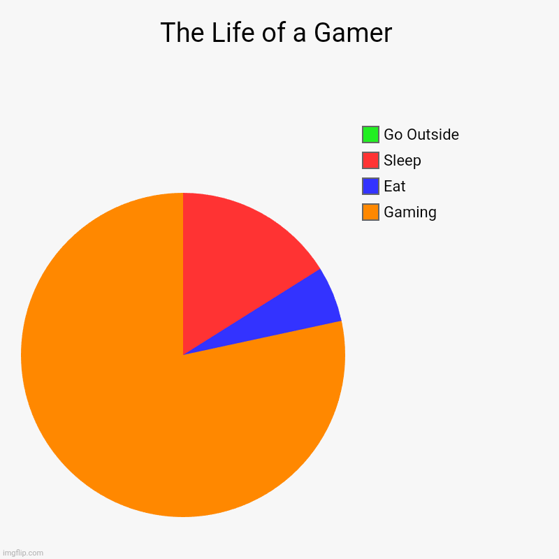 The Life of a Gamer | Gaming, Eat, Sleep, Go Outside | image tagged in charts,pie charts | made w/ Imgflip chart maker