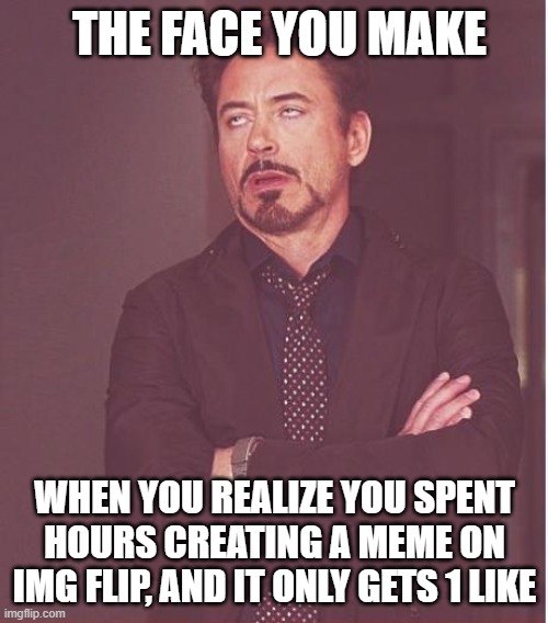 real please like all my memes | THE FACE YOU MAKE; WHEN YOU REALIZE YOU SPENT HOURS CREATING A MEME ON IMG FLIP, AND IT ONLY GETS 1 LIKE | image tagged in memes,face you make robert downey jr,fr,sad | made w/ Imgflip meme maker