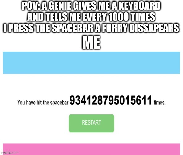 Start the spam | POV: A GENIE GIVES ME A KEYBOARD AND TELLS ME EVERY 1000 TIMES I PRESS THE SPACEBAR A FURRY DISSAPEARS; ME | image tagged in anti furry,keyboard | made w/ Imgflip meme maker