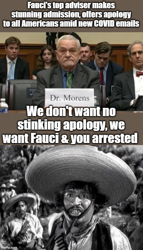 Hold on thier DOC. millions died because of you & others lies. | Fauci's top adviser makes stunning admission, offers apology to all Americans amid new COVID emails; We don't want no stinking apology, we want Fauci & you arrested | made w/ Imgflip meme maker
