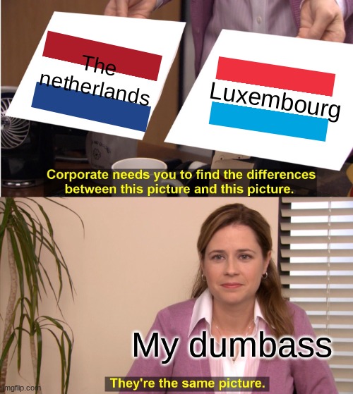 I am literally from the Netherlands | The netherlands; Luxembourg; My dumbass | image tagged in memes,they're the same picture,country | made w/ Imgflip meme maker