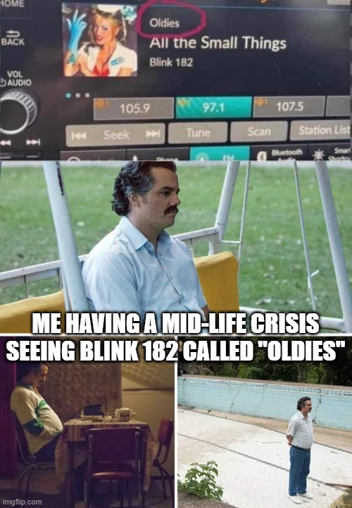 Oldies? Already? | ME HAVING A MID-LIFE CRISIS SEEING BLINK 182 CALLED "OLDIES" | image tagged in memes,sad pablo escobar | made w/ Imgflip meme maker