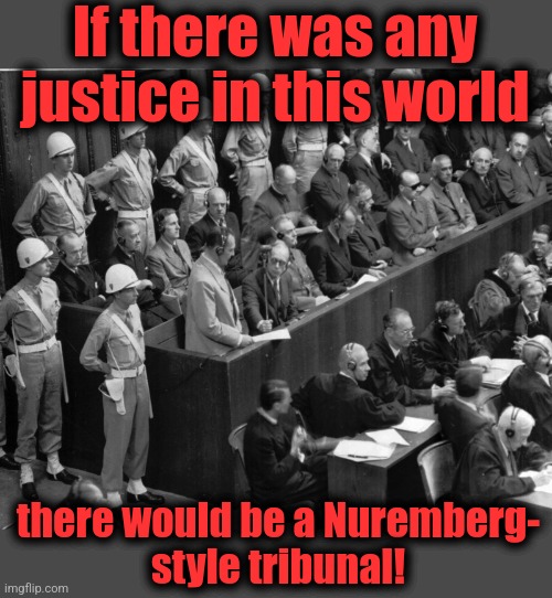 If there was any justice in this world there would be a Nuremberg-
style tribunal! | made w/ Imgflip meme maker