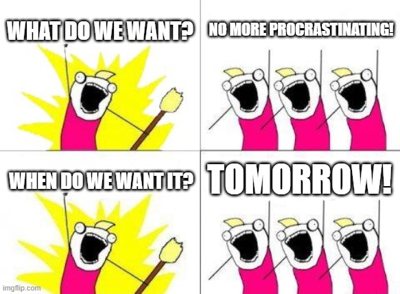 What Do We Want | WHAT DO WE WANT? NO MORE PROCRASTINATING! TOMORROW! WHEN DO WE WANT IT? | image tagged in memes,what do we want | made w/ Imgflip meme maker