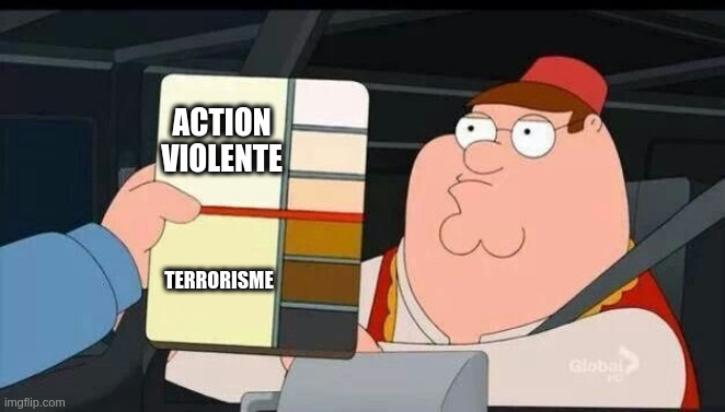 Peter Griffin skin color chart race terrorist blank | ACTION VIOLENTE; TERRORISME | image tagged in peter griffin skin color chart race terrorist blank | made w/ Imgflip meme maker