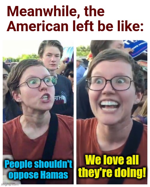 Social Justice Warrior Hypocrisy | Meanwhile, the American left be like: People shouldn't oppose Hamas We love all they're doing! | image tagged in social justice warrior hypocrisy | made w/ Imgflip meme maker