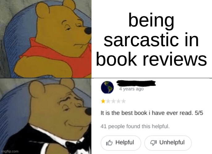 bro what | being sarcastic in book reviews | image tagged in memes,tuxedo winnie the pooh,books | made w/ Imgflip meme maker