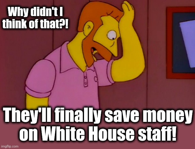 Why didn't I think of that | Why didn't I
think of that?! They'll finally save money
on White House staff! | image tagged in why didn't i think of that | made w/ Imgflip meme maker