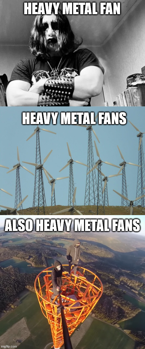 Heavy metal, lattice climbers | HEAVY METAL FAN; HEAVY METAL FANS; ALSO HEAVY METAL FANS | image tagged in metal,germany,heavy metal,meme,lattice climbing,template | made w/ Imgflip meme maker