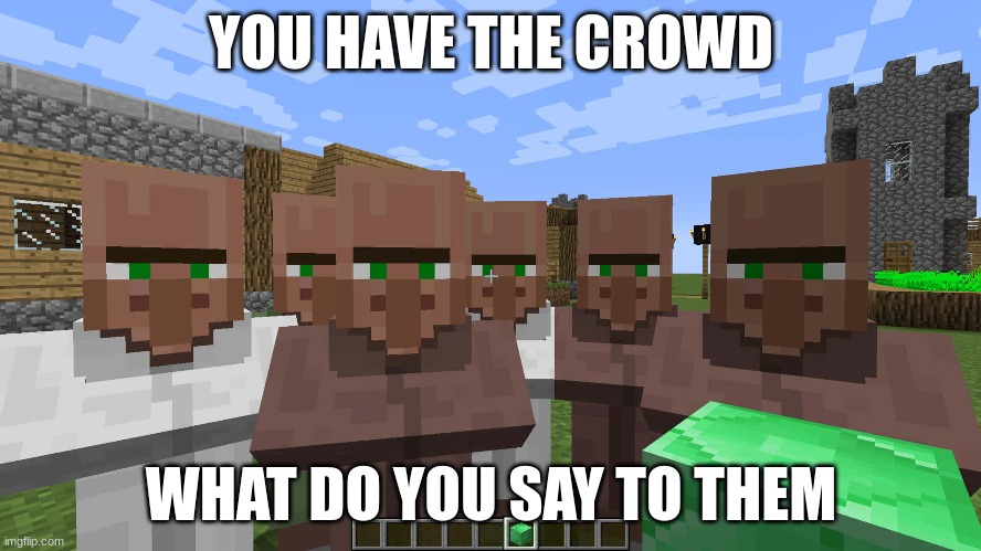 what do you say to them | YOU HAVE THE CROWD; WHAT DO YOU SAY TO THEM | image tagged in minecraft,minecraft villagers | made w/ Imgflip meme maker