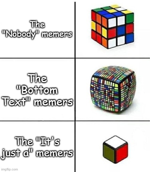 Caption meme | The "Nobody" memers; The "Bottom Text" memers; The "It's just a" memers | image tagged in rubik's cube comparison | made w/ Imgflip meme maker