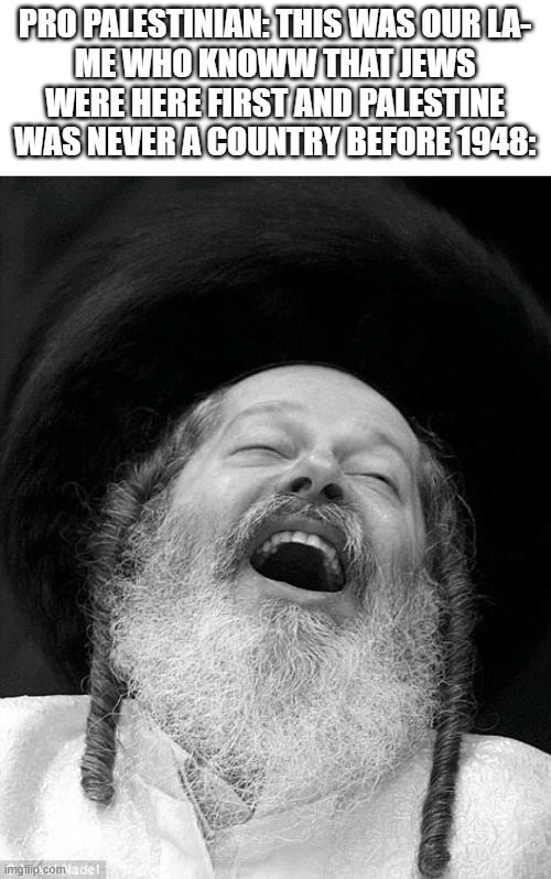 Me laughing in Jewish at this response | PRO PALESTINIAN: THIS WAS OUR LA-
ME WHO KNOWW THAT JEWS WERE HERE FIRST AND PALESTINE WAS NEVER A COUNTRY BEFORE 1948: | image tagged in laughs in jewish,israel,palestine,jews | made w/ Imgflip meme maker