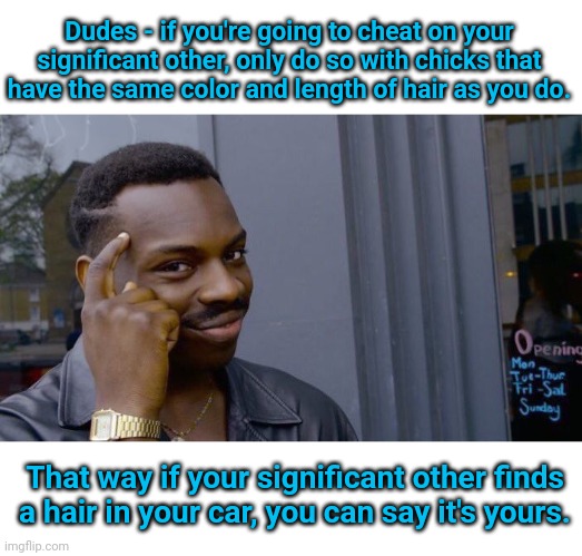 Follow me for more life hacks | Dudes - if you're going to cheat on your significant other, only do so with chicks that have the same color and length of hair as you do. That way if your significant other finds a hair in your car, you can say it's yours. | image tagged in memes,roll safe think about it | made w/ Imgflip meme maker