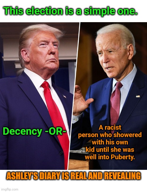 Trump Biden | This election is a simple one. A racist person who showered with his own kid until she was well into Puberty. Decency -OR-; ASHLEY'S DIARY IS REAL AND REVEALING | image tagged in trump biden | made w/ Imgflip meme maker