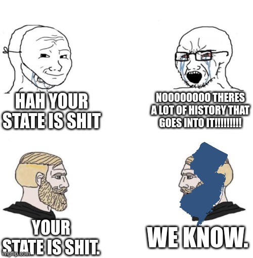 New jersey fits perfectly into the beard. | HAH YOUR STATE IS SHIT; NOOOOOOOO THERES A LOT OF HISTORY THAT GOES INTO IT!!!!!!!!! WE KNOW. YOUR STATE IS SHIT. | image tagged in chad we know | made w/ Imgflip meme maker