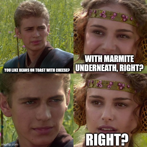 Marmite? | YOU LIKE BEANS ON TOAST WITH CHEESE? WITH MARMITE UNDERNEATH, RIGHT? RIGHT? | image tagged in anakin padme 4 panel | made w/ Imgflip meme maker