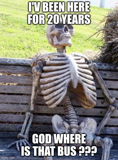 Waiting Skeleton | I'V BEEN HERE FOR 20 YEARS; GOD WHERE IS THAT BUS ??? | image tagged in memes,waiting skeleton | made w/ Imgflip meme maker