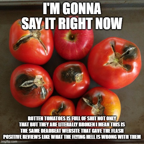 rotten tomatoes is full of shit | I'M GONNA SAY IT RIGHT NOW; ROTTEN TOMATOES IS FULL OF SHIT NOT ONLY THAT BUT THEY ARE LITERALLY BROKEN I MEAN THIS IS THE SAME DEADBEAT WEBSITE THAT GAVE THE FLASH POSITIVE REVIEWS LIKE WHAT THE FLYING HELL IS WRONG WITH THEM | image tagged in seven tomatoes,rotten tomatoes,bullshit | made w/ Imgflip meme maker