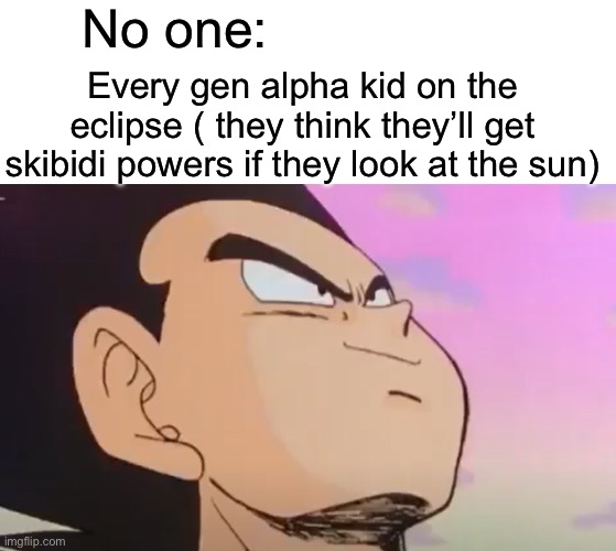 Vegeta Proudly Smiling | No one:; Every gen alpha kid on the eclipse ( they think they’ll get skibidi powers if they look at the sun) | image tagged in vegeta proudly smiling | made w/ Imgflip meme maker