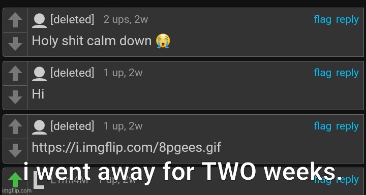 i went away for TWO weeks. | made w/ Imgflip meme maker