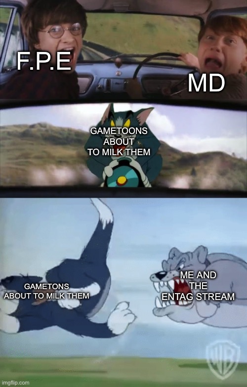 yes | MD; F.P.E; GAMETOONS ABOUT TO MILK THEM; ME AND THE ENTIRE AG STREAM; GAMETONS ABOUT TO MILK THEM | image tagged in harry potter and ron being chased by tom with an extra panel | made w/ Imgflip meme maker