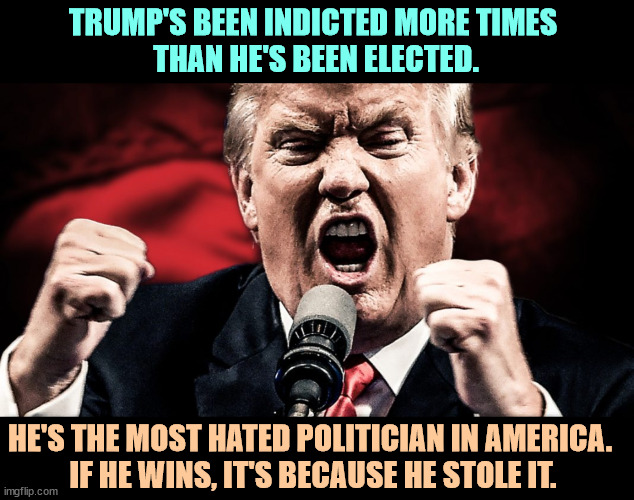 Convicted Felon with mic. | TRUMP'S BEEN INDICTED MORE TIMES 
THAN HE'S BEEN ELECTED. HE'S THE MOST HATED POLITICIAN IN AMERICA. 
IF HE WINS, IT'S BECAUSE HE STOLE IT. | image tagged in trump,indicted,criminal,felony,thief | made w/ Imgflip meme maker