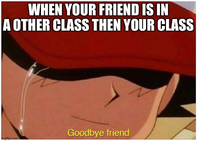 School be like: | WHEN YOUR FRIEND IS IN A OTHER CLASS THEN YOUR CLASS | image tagged in ash says goodbye friend | made w/ Imgflip meme maker