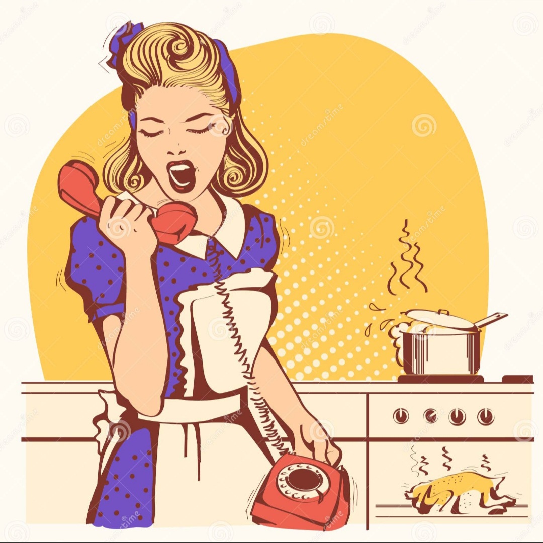 Retro housewife yelling into the phone. Blank Meme Template