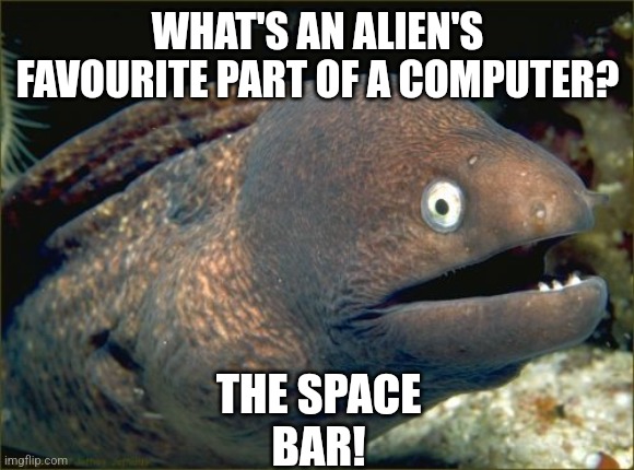 Bad Joke Eel | WHAT'S AN ALIEN'S FAVOURITE PART OF A COMPUTER? THE SPACE
BAR! | image tagged in memes,bad joke eel,puns,aliens,fish | made w/ Imgflip meme maker