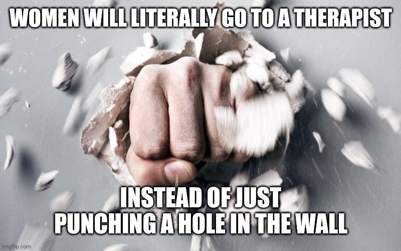 Breaking things is the answer | WOMEN WILL LITERALLY GO TO A THERAPIST; INSTEAD OF JUST PUNCHING A HOLE IN THE WALL | image tagged in rage punch | made w/ Imgflip meme maker