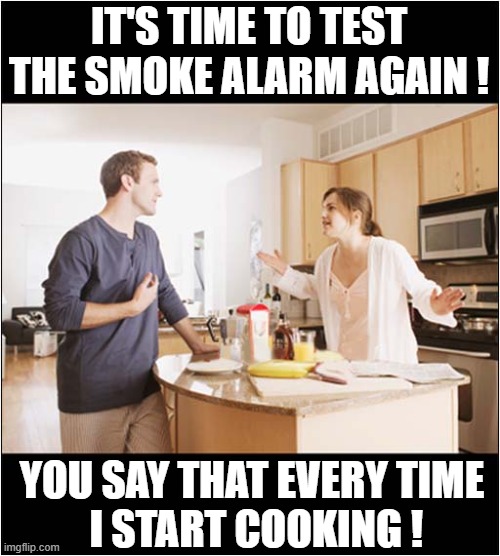 How To Upset Your Partner ! | IT'S TIME TO TEST
THE SMOKE ALARM AGAIN ! YOU SAY THAT EVERY TIME
 I START COOKING ! | image tagged in smoke alarm,bad cook,dar humour | made w/ Imgflip meme maker